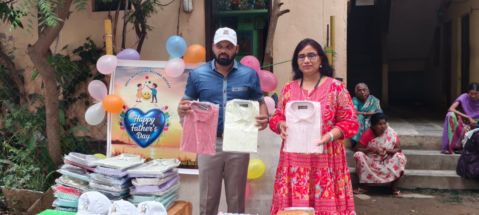 Blind, leprosy-affected, differently-abled and elderly fathers celebrated at a Smile With Shine Father's Day meal and clothes distribution in Hyderabad