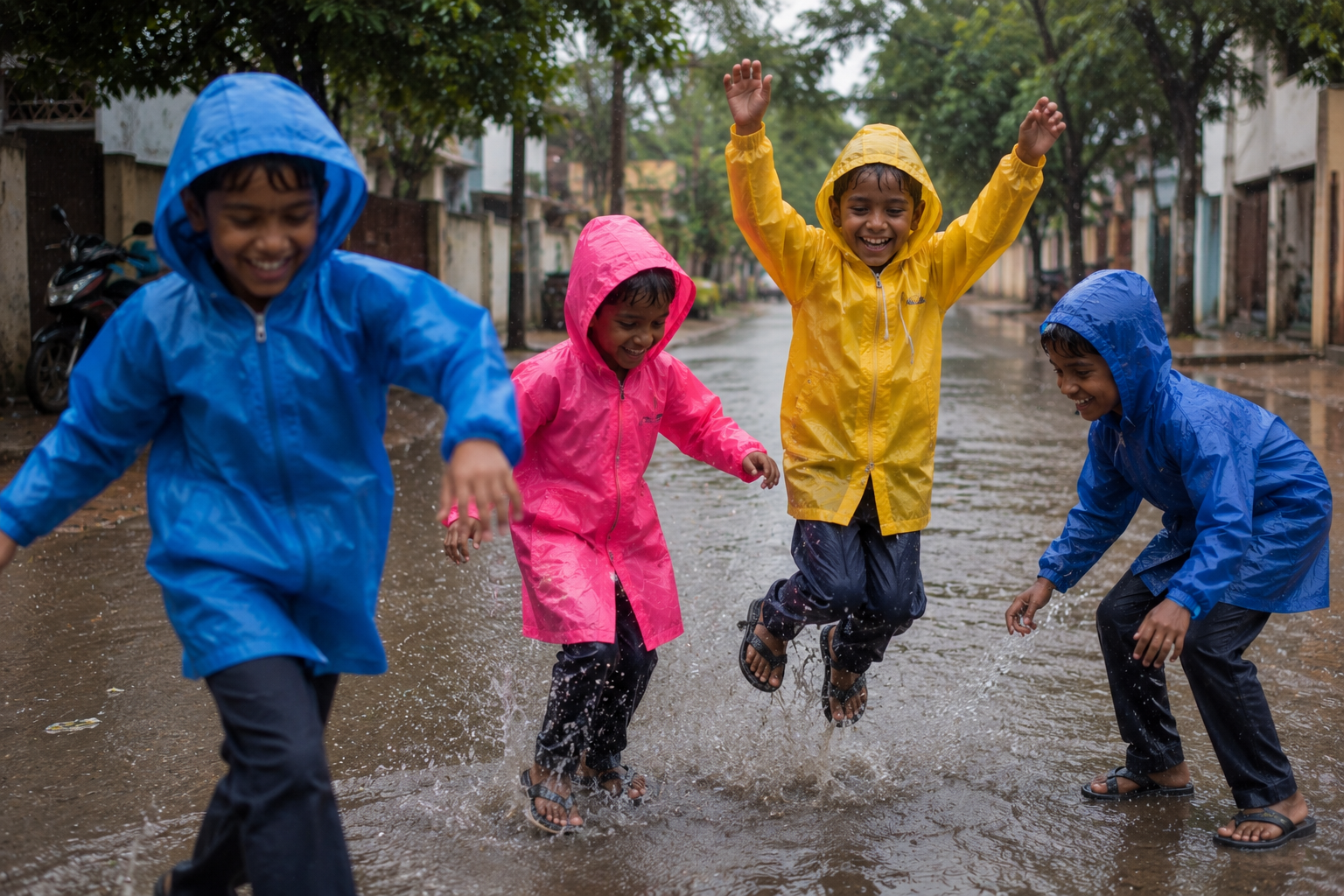 Four children in bright hooded raincoats &mdash; blue, pink and yellow &mdash; jumping and splashing joyfully in a monsoon puddle on a Hyderabad street