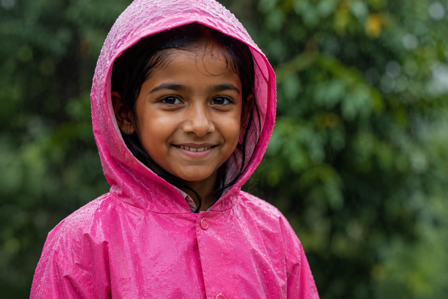 A close portrait of a smiling girl in a bright pink hooded raincoat, rain droplets on the hood, greenery blurred behind her