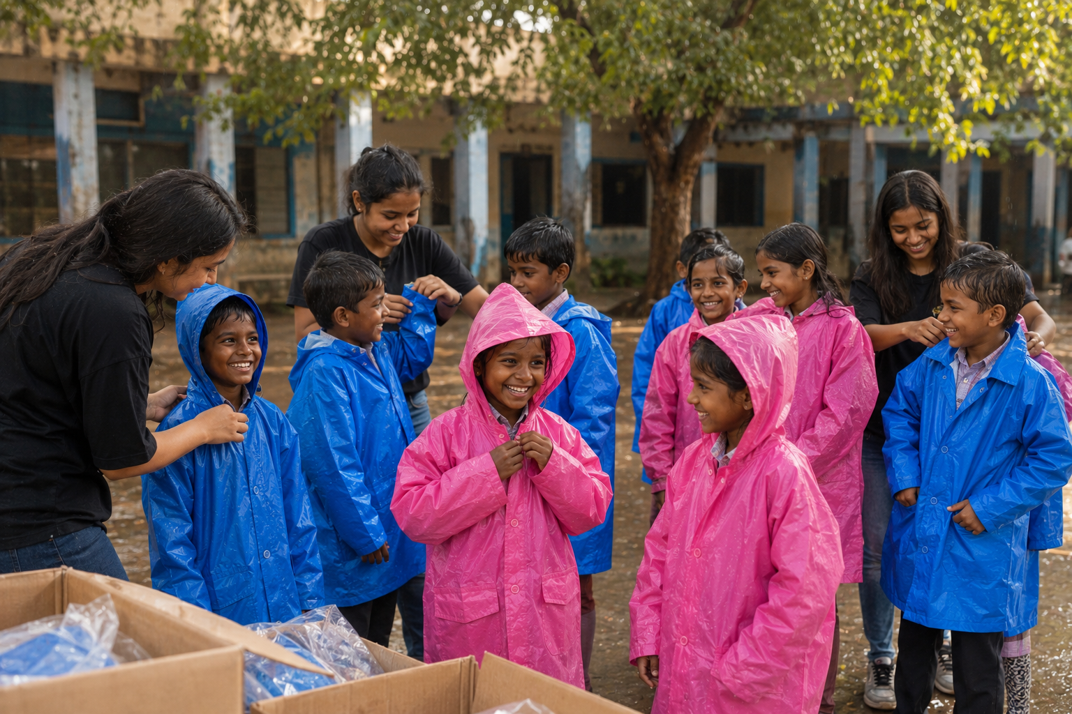 A group of government school children trying on their new blue and pink hooded raincoats at a distribution drive by Smile With Shine Welfare Society volunteers