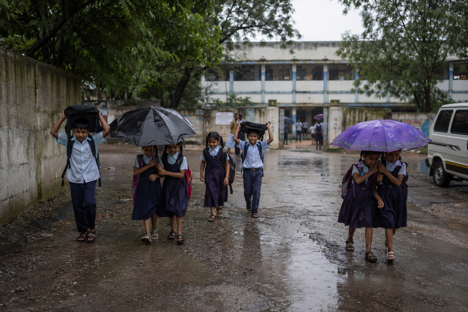 Government school children walking to school through a monsoon downpour in Hyderabad &mdash; some sharing umbrellas, others holding school bags above their heads for cover