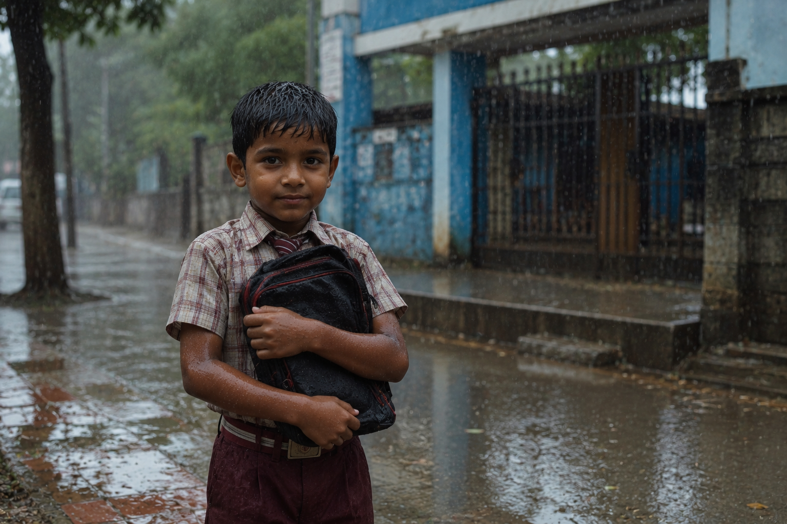 A young boy in a wet uniform holding his school bag close to his chest to keep it dry, walking to school in the rain without a raincoat