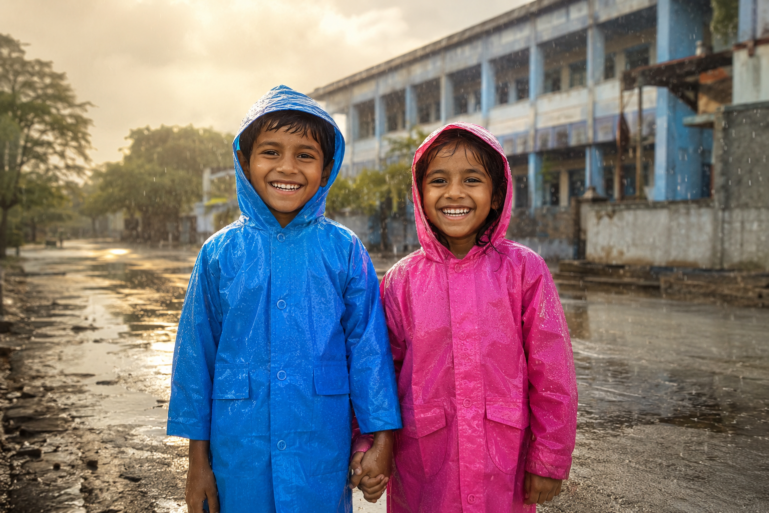 Two smiling children in bright blue and pink raincoats on a Hyderabad street during the monsoon — Smile With Shine Protect Their Smiles raincoat drive