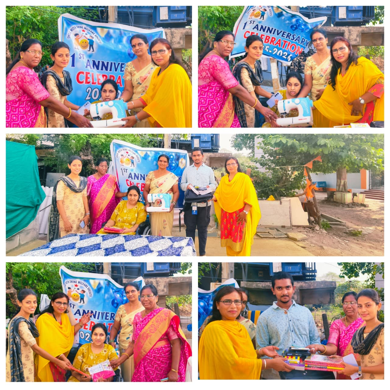 The mother receiving a USHA Janome sewing machine from Smile With Shine Welfare Society at the 1st Anniversary Celebration in Hyderabad; the son also receiving a new college bag and books