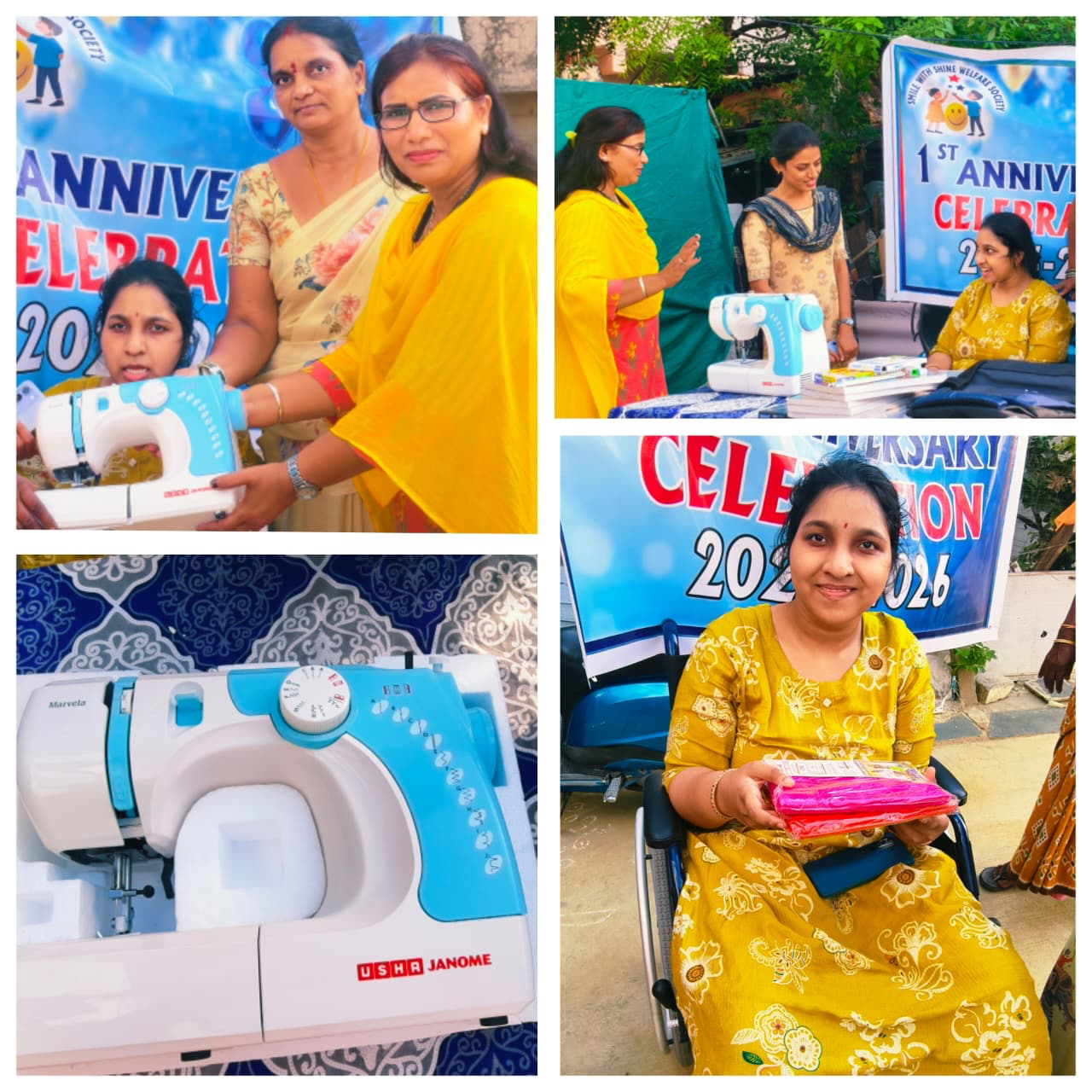 Close-up of the brand-new USHA Janome sewing machine and the differently-abled daughter receiving her new leggings at the Smile With Shine Welfare Society sponsorship event in Hyderabad
