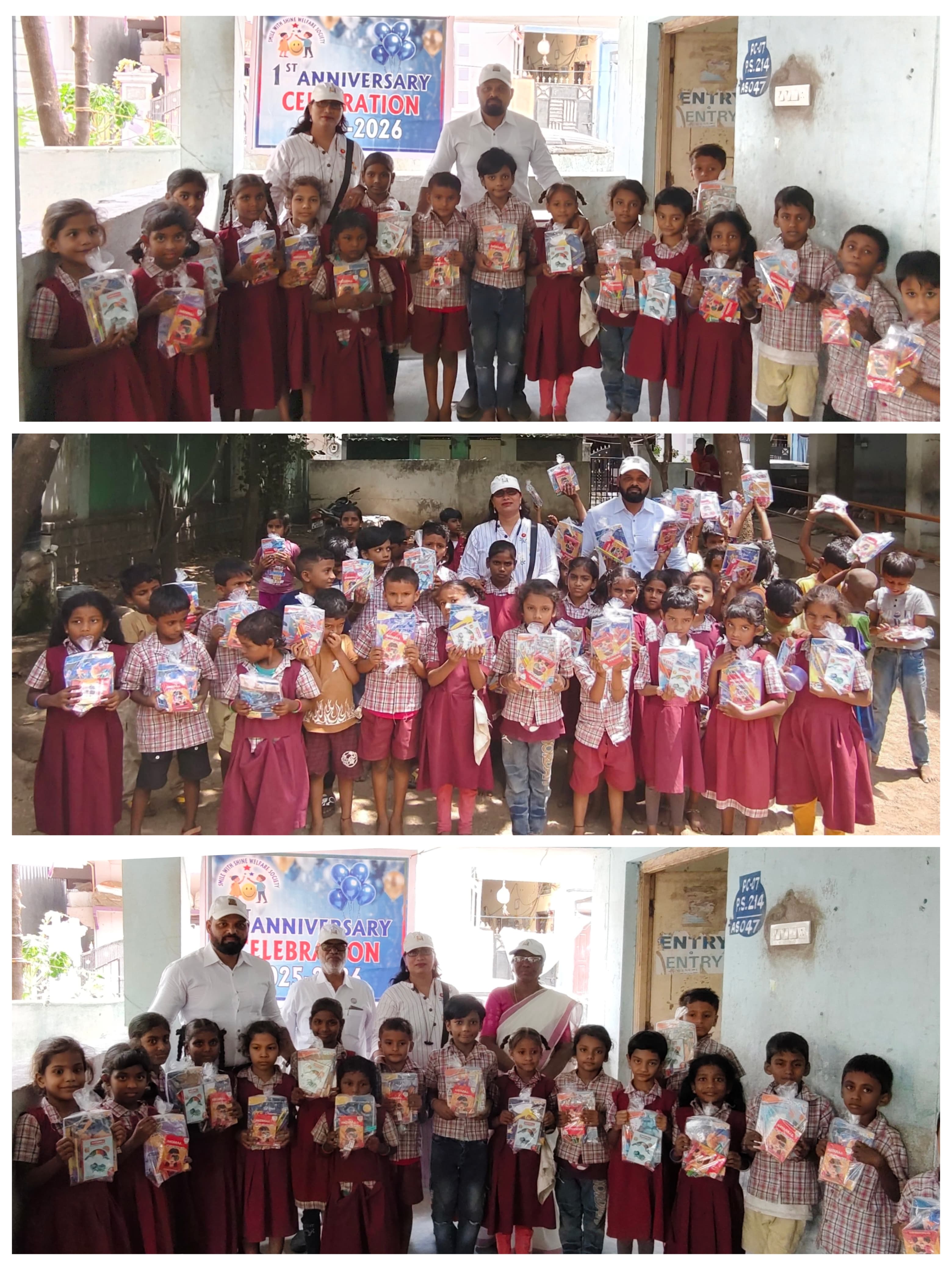 A collage of moments from the Smile With Shine 1st Anniversary stationery kit and food pack distribution to primary government school children in Hyderabad