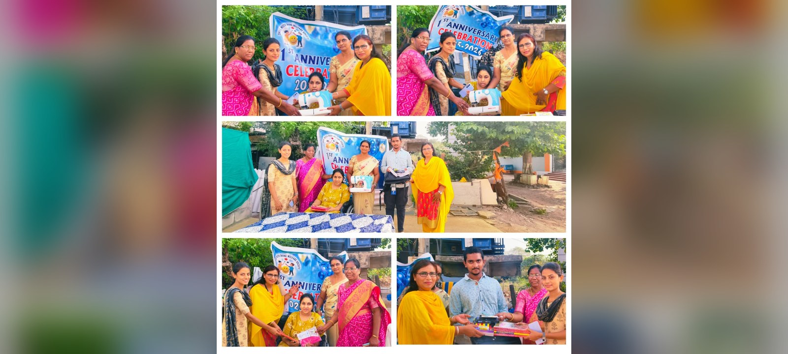 Smile With Shine Welfare Society handing over a sewing machine to a needy family in Hyderabad, sponsored by Smt. Sarika Garu