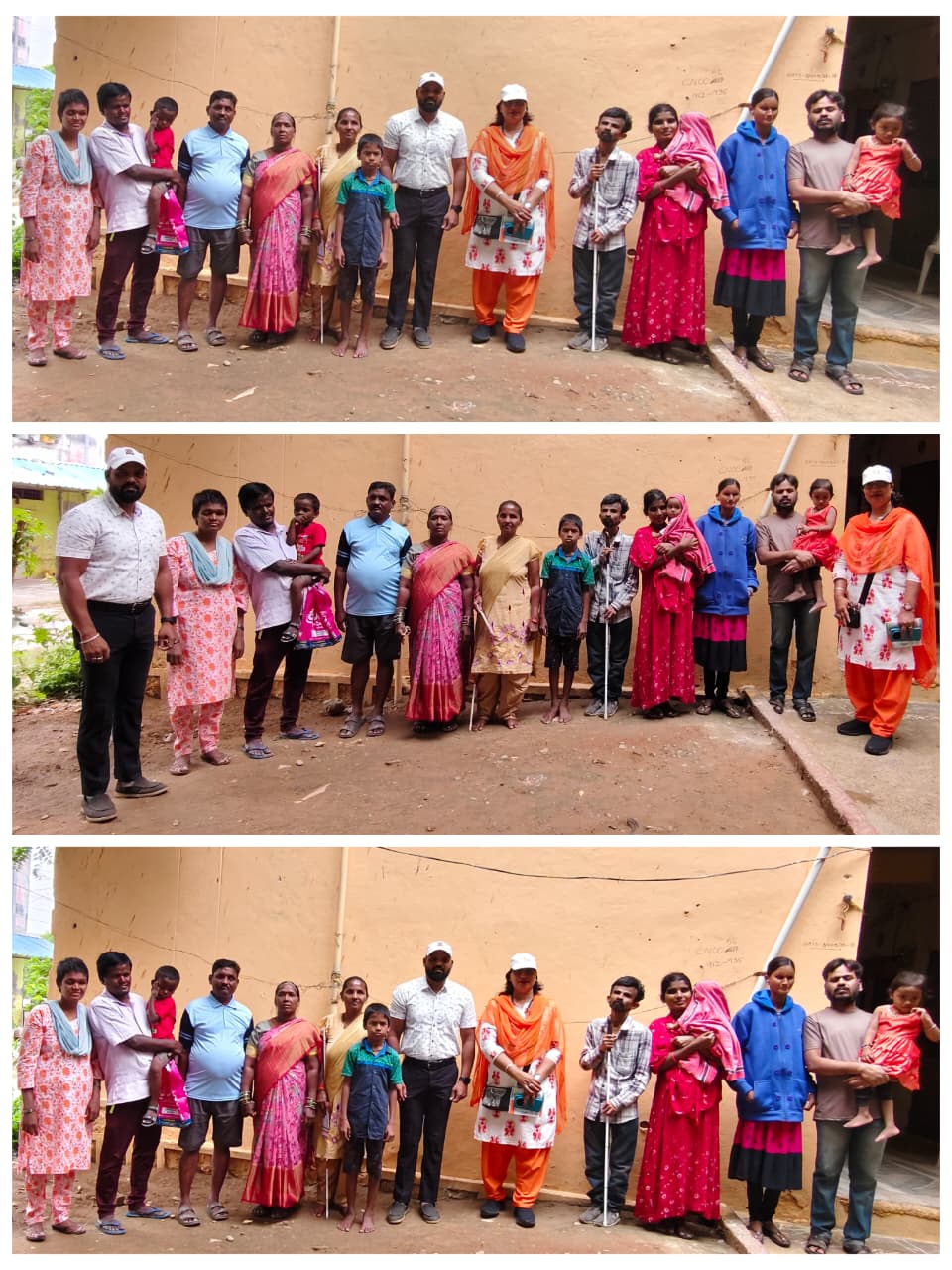 A group of visually impaired individuals and their families standing together during a field visit by Smile With Shine Welfare Society in Hyderabad — determined, dignified, and seeking employment opportunities